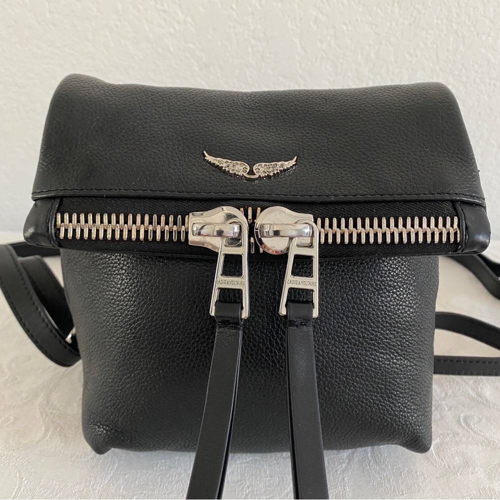 Black Leather Mini Backpack With Silver Details - image 3
